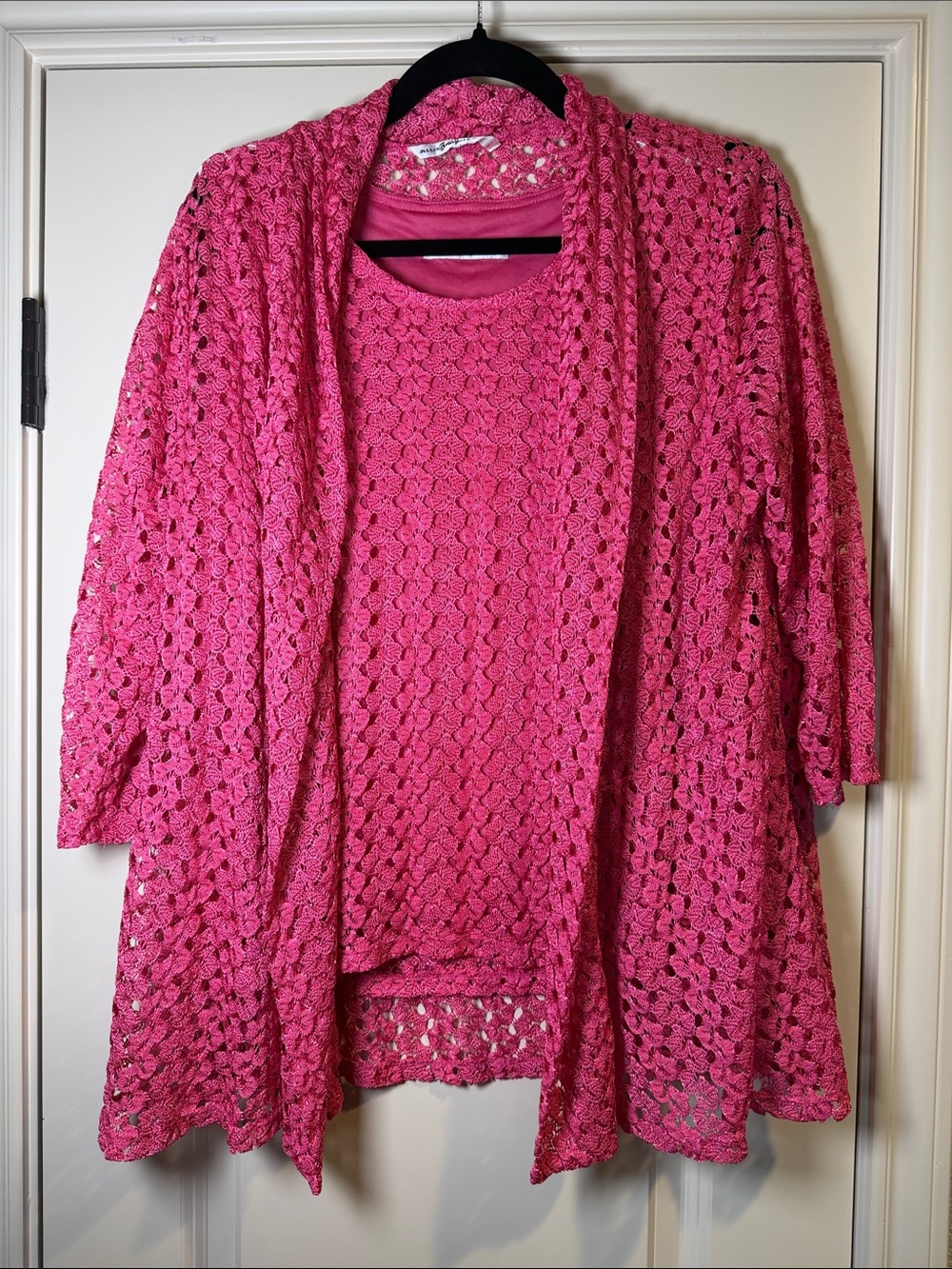 Allison Daley Bright Pink Crochet Open-Front Cardigan Set